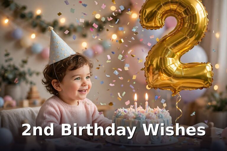 2nd birthday wishes — smiling toddler with gold number 2 balloon and birthday cake with two candles