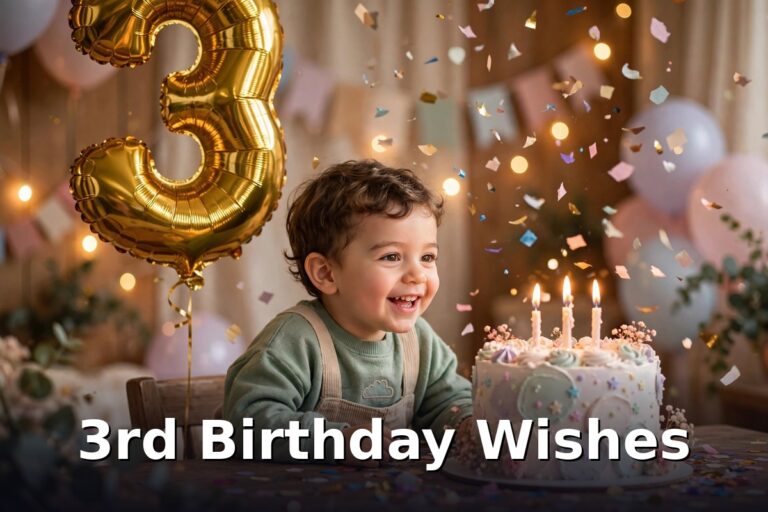 3rd birthday wishes — smiling toddler with gold number 3 balloon and birthday cake with three candles