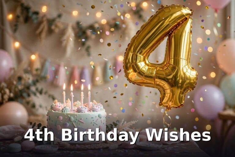 4th birthday wishes — birthday cake with four candles and gold number 4 balloon with confetti