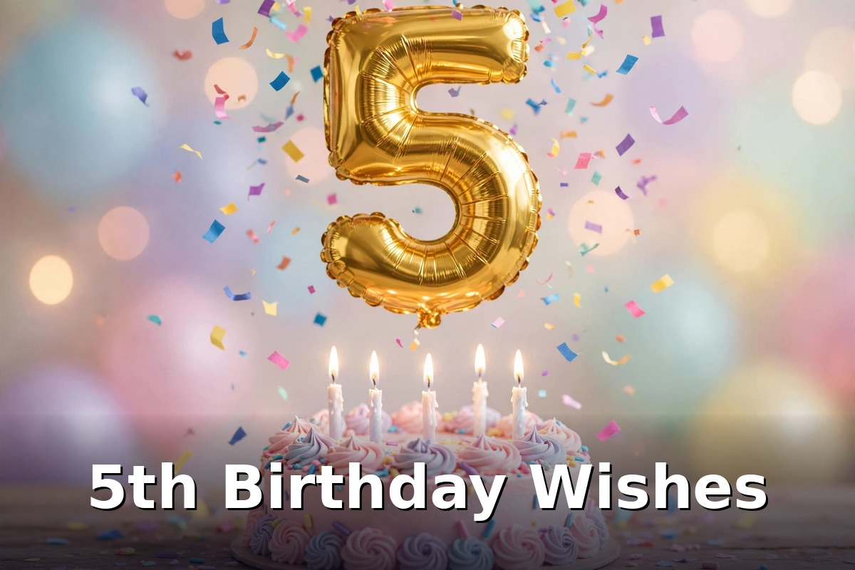 5th birthday wishes - gold number 5 balloon over birthday cake with five candles and confetti
