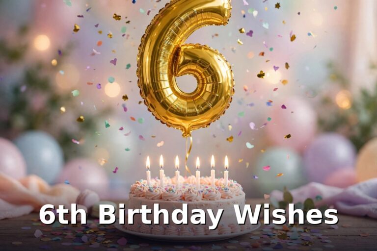 6th birthday wishes - gold number 6 balloon over birthday cake with six candles and confetti