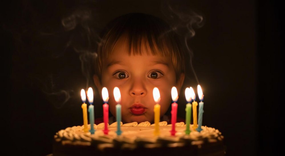 Young child blowing out colourful candles on a birthday cake